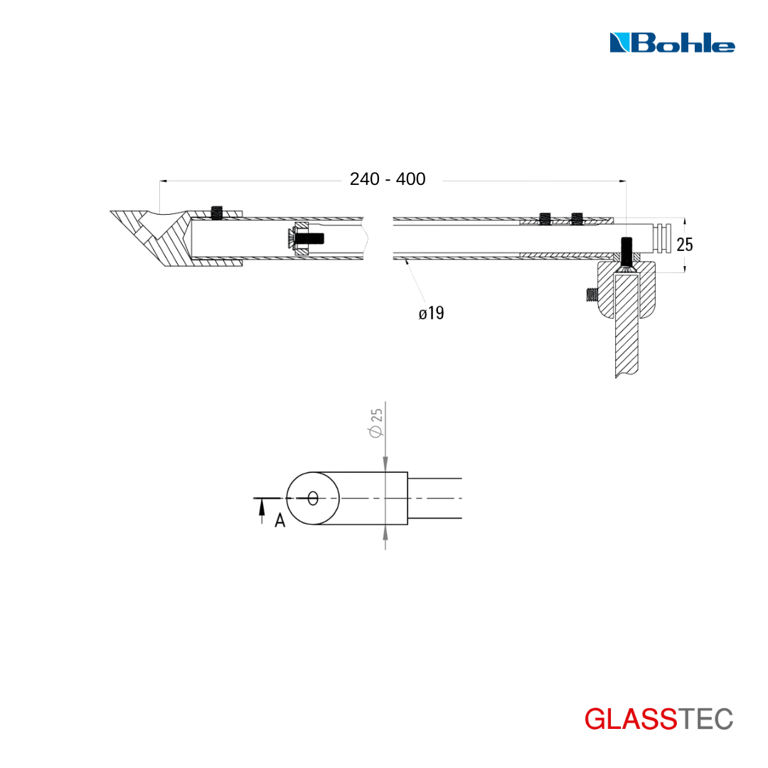 Teleskop Stabilisationsstangen-Set Round 19, Glas-Wand 45°