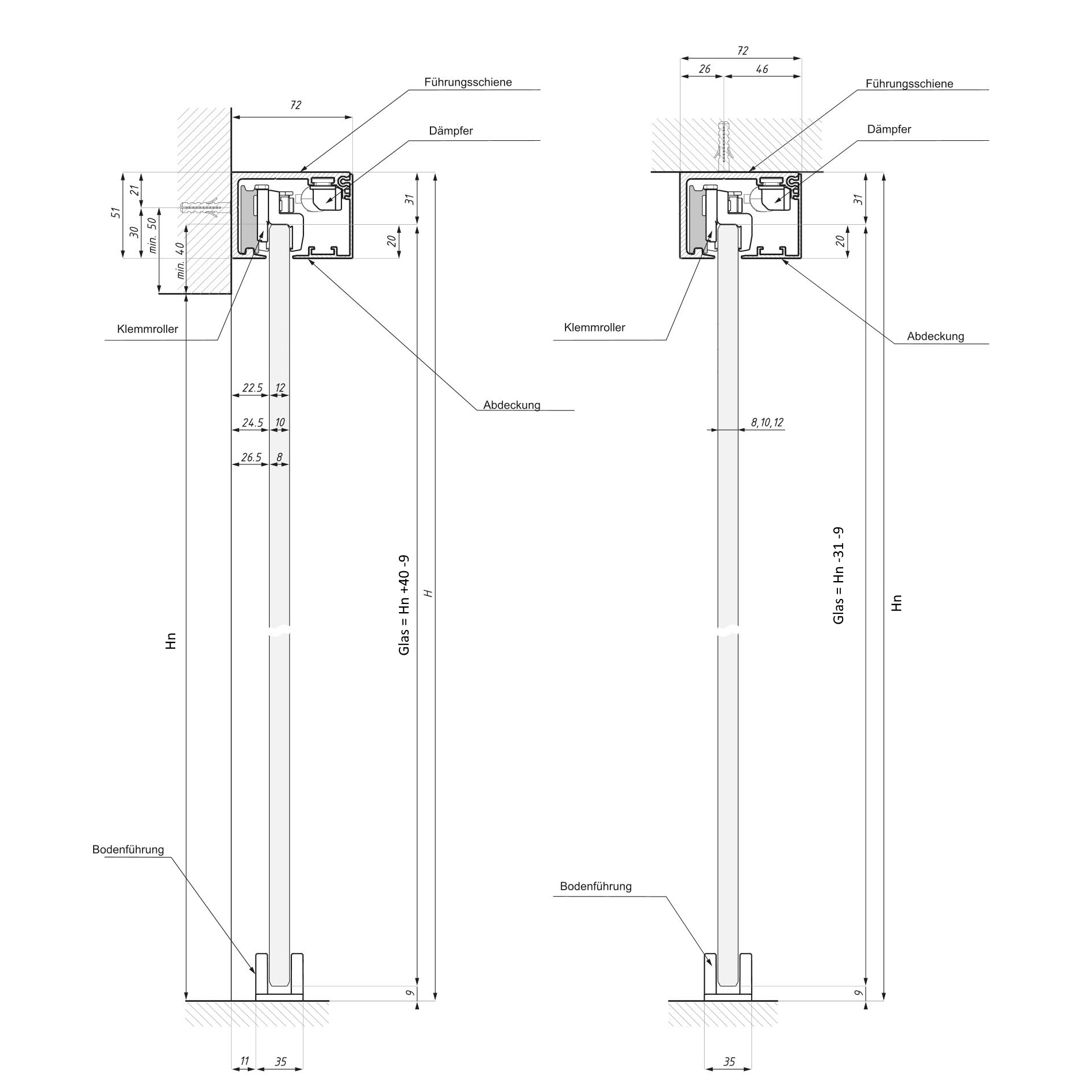Schiebetürsysteme für geklemmte Glastüren bis 80kg
