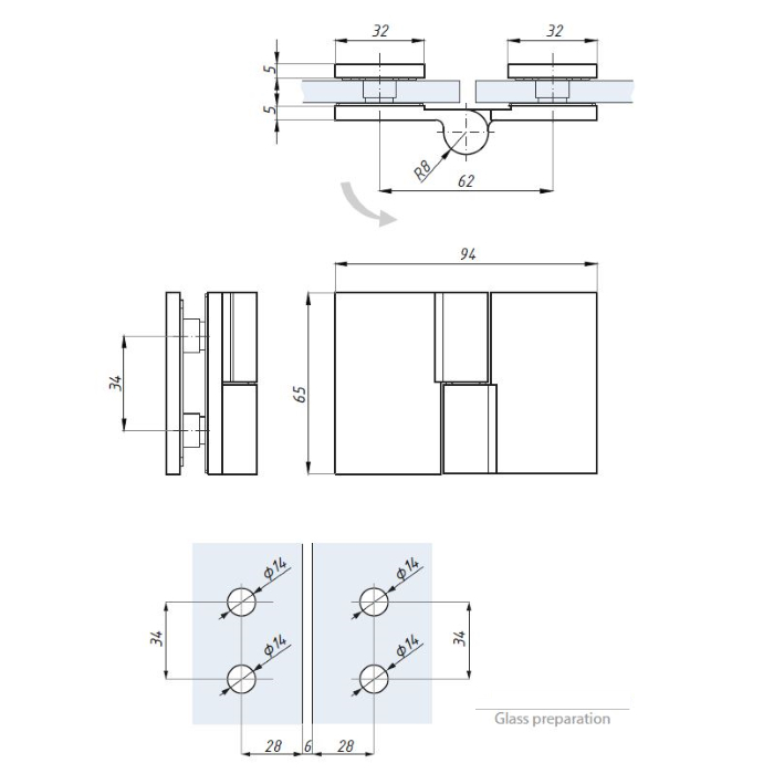 Standard Duschtürscharniere 180° Glas / Glas aus Messing – Bild 3