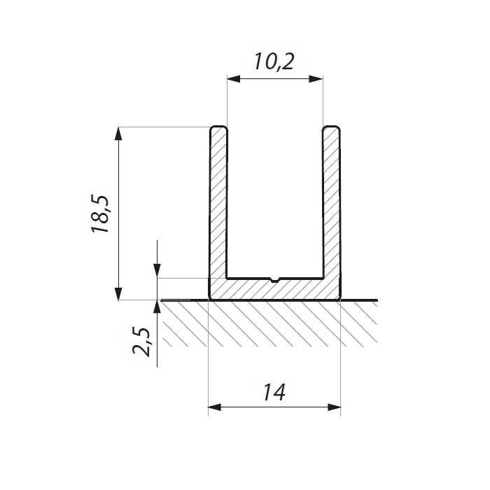 Aluminium U-Profil 14×18.5×2 für 10mm Glas