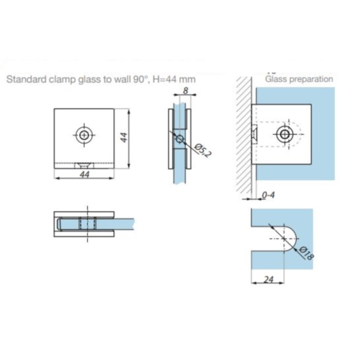 Glashalter 44x44 ohne Winkellasche 90° Glas / Wand Messing – Bild 2