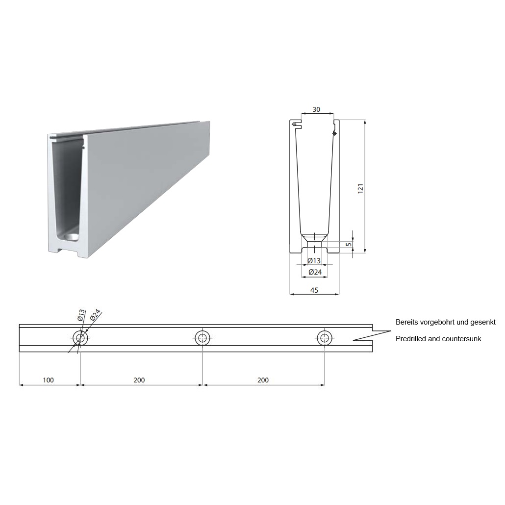 3m Set Econ U- Aluminium Glasgeländer Profile 121x45 für Ganzglasgeländer %Aktion% – Bild 2