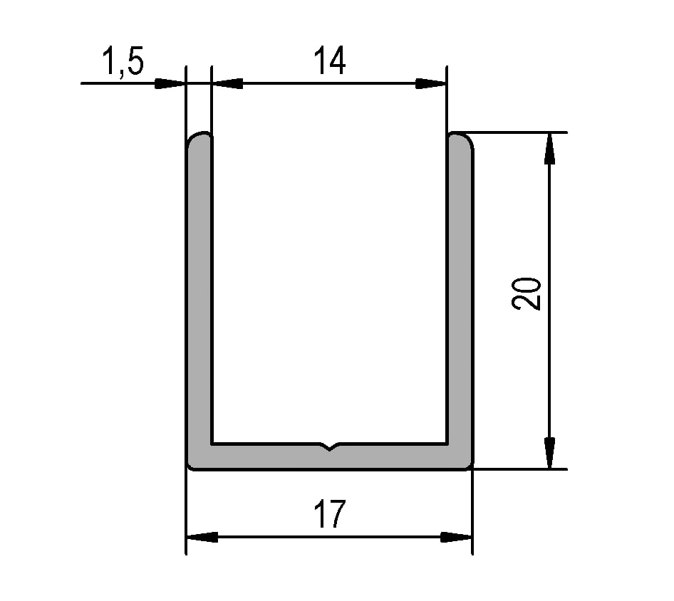 Aluminium U-Profil 20 x 17 mm x 1.5 für 10mm - 12,76 mm