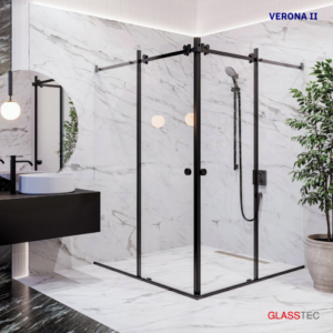 Set für 90° Eckeinstieg Doppelte Schiebetüre Glasschiebtüre für Bad – Minimalist Design