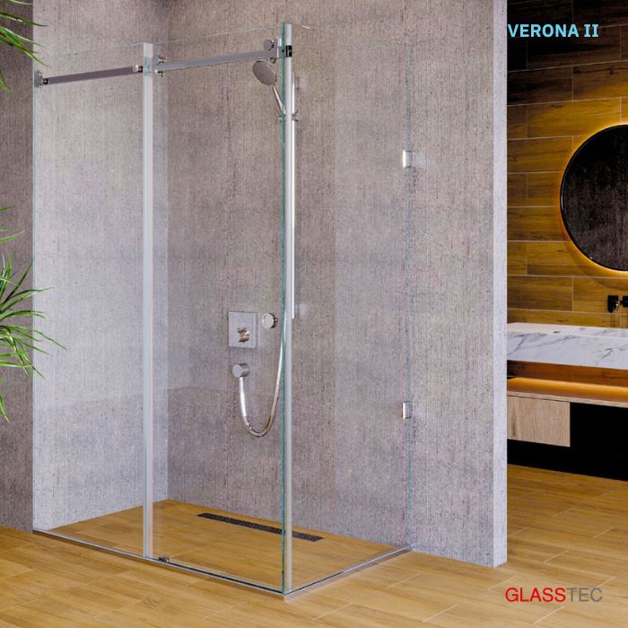 Set für 90° Eckeinstieg 1-Schiebetüre Glasschiebtüre für Bad – Minimalist Design
