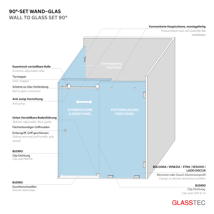 Set für 90° Eckeinstieg 1-Schiebetüre Glasschiebtüre für Bad – Minimalist Design – Bild 2